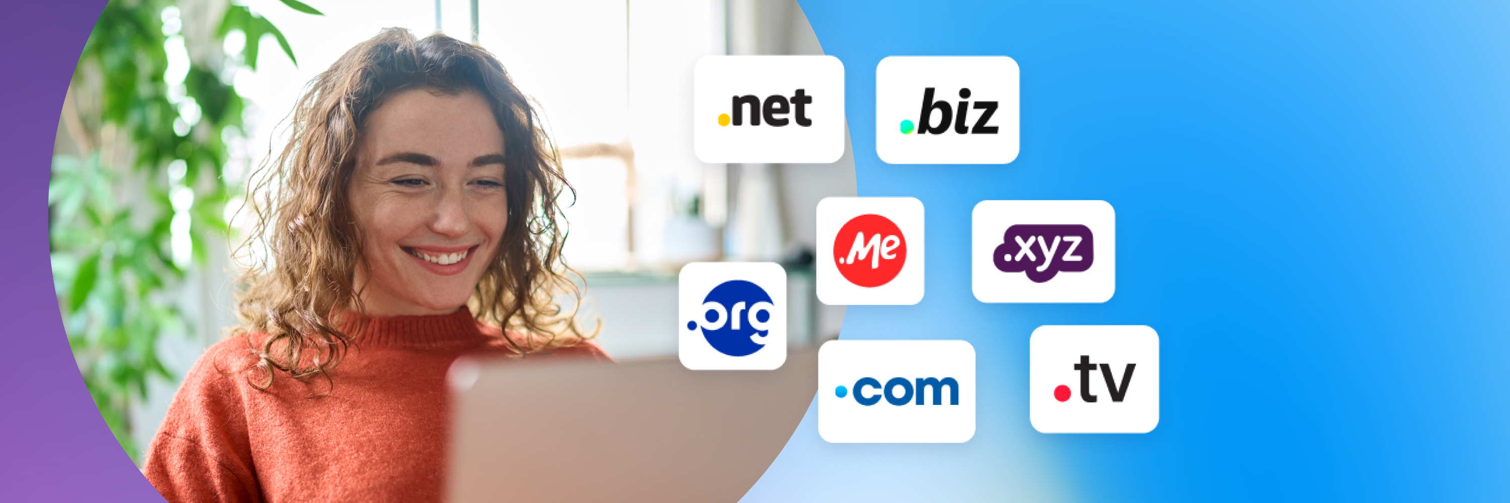 Young lady on laptop browsing domain name sales