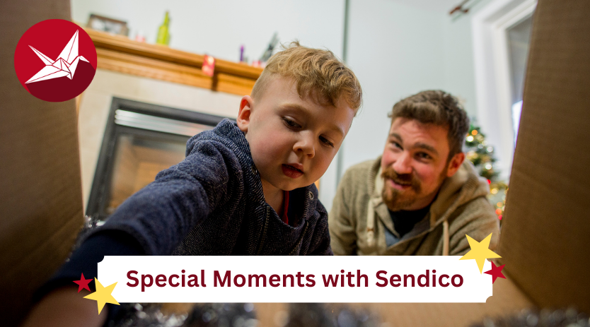 A child reaching into a cardboard box to look at items bought for his Christmas presents which were bought for him on Sendico with a banner with the words Special Moments with Sendico