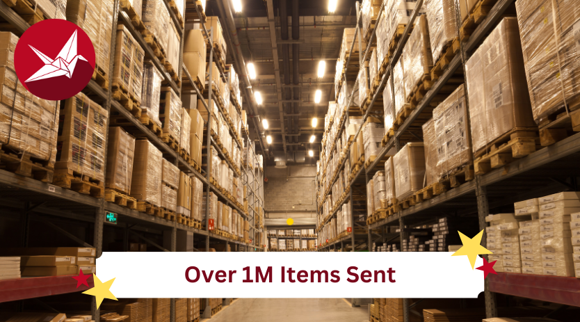 A large warehouse with many shelves containing Sendico parcels with the words over 1 million items sent on the bottom banner