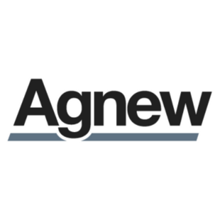 Agnew Logo that has black writing with a grey underline.