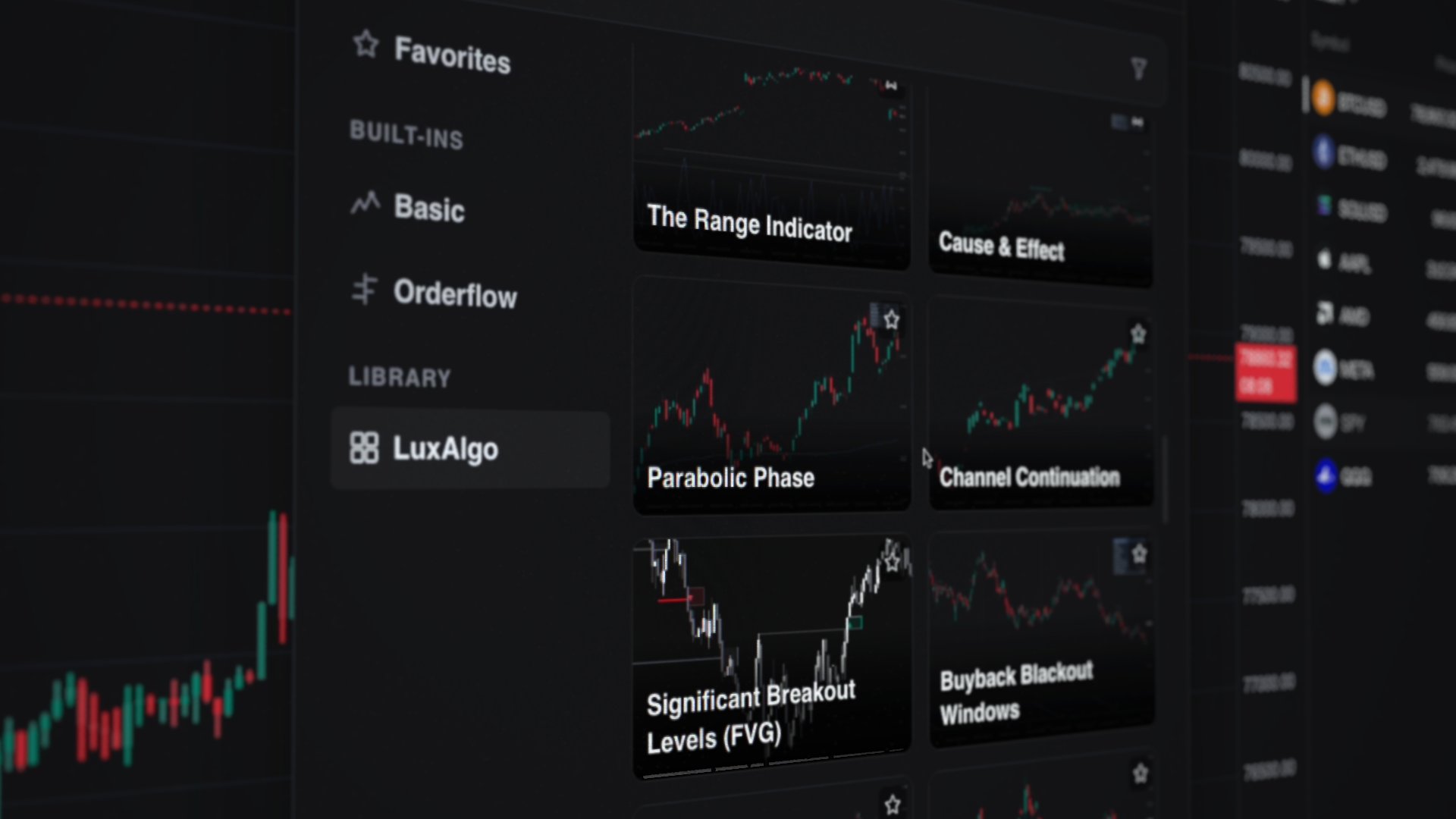 Vela with the LuxAlgo Library indicator menu open