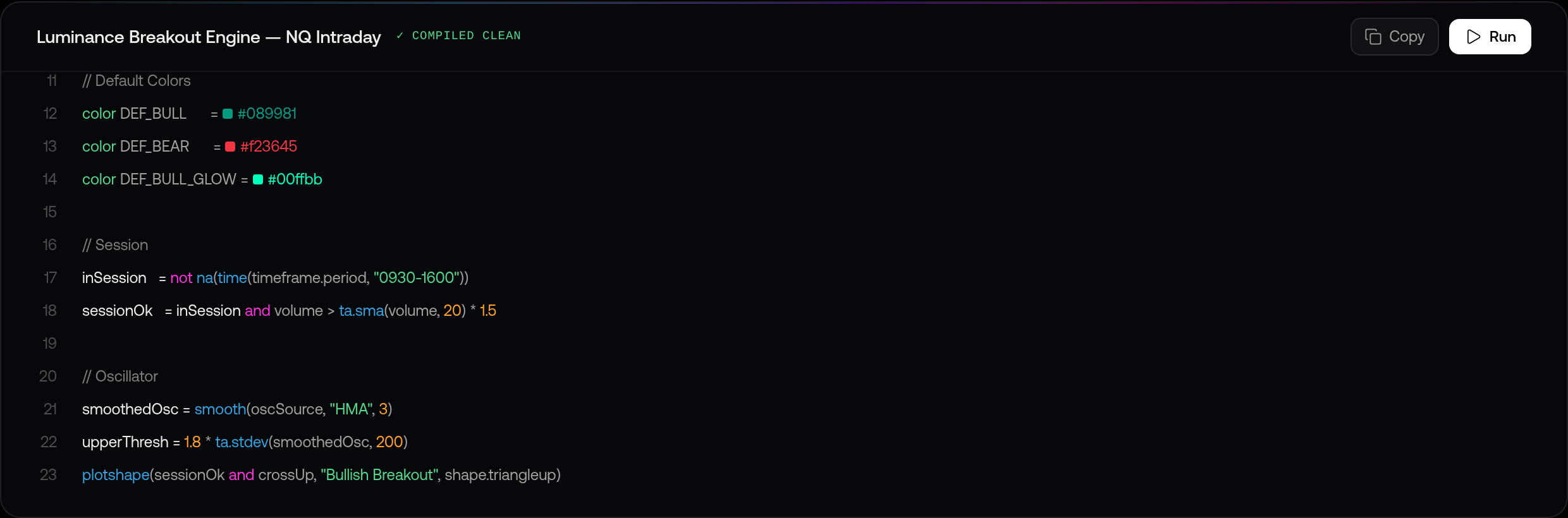 Quant's code editor with a compiled indicator