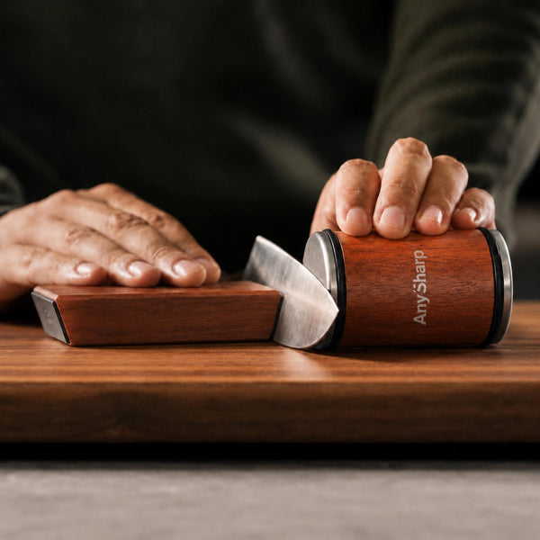 AnySharp Rolling Knife Sharpener in use with its magnetic angle guide