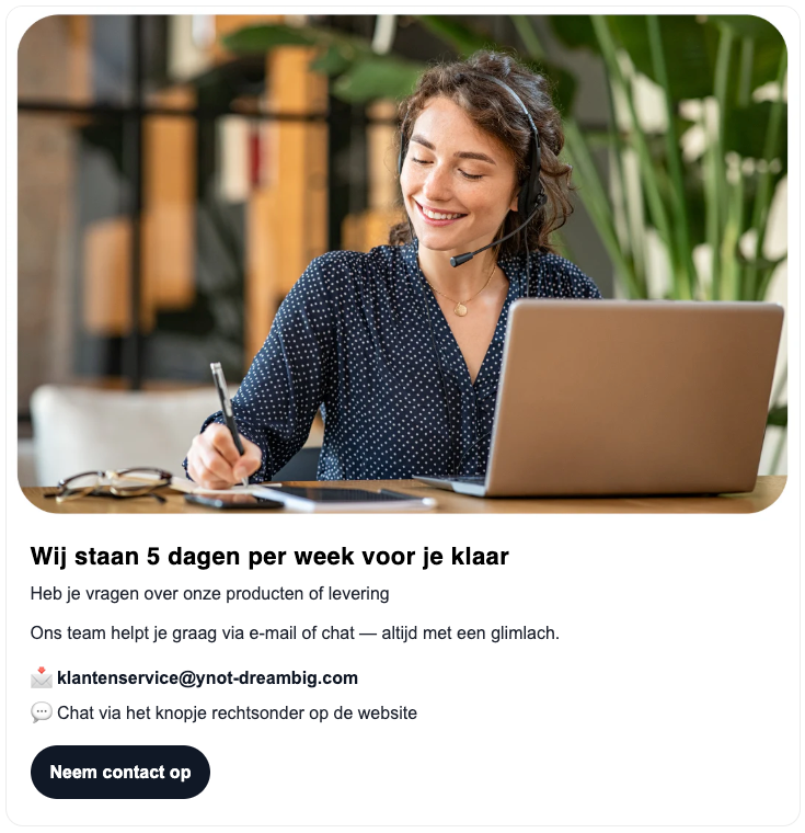 YNOT Dreambig klantenservice banner