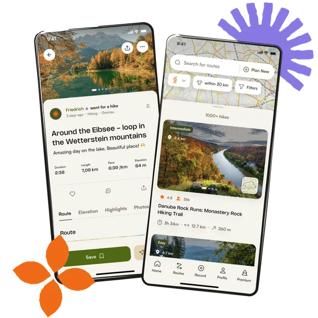 The komoot app showing a hiking route and route search