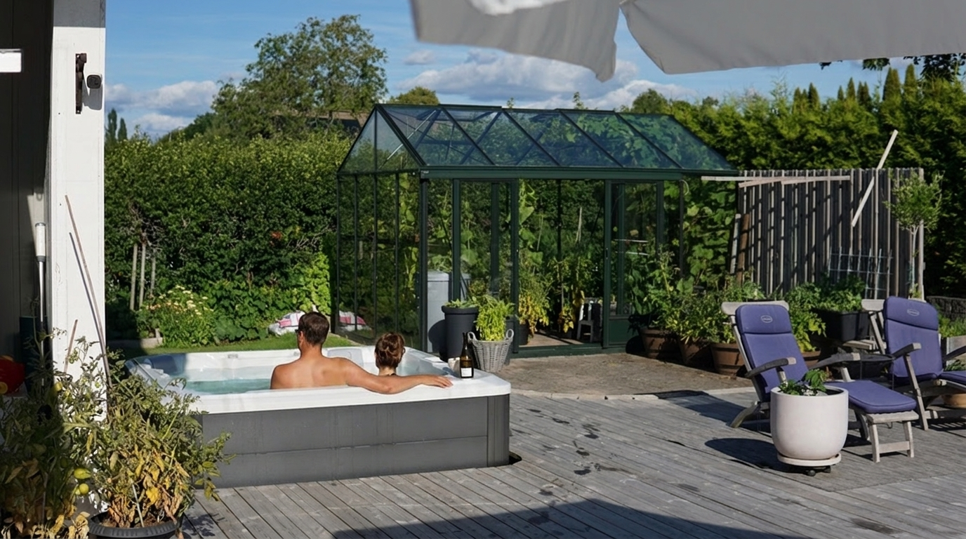 Spabad och jacuzzi från Swebad på altan i kvällsljus