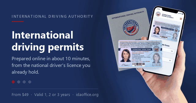 International Driving Authority booklet, plastic card and mobile app, with key facts