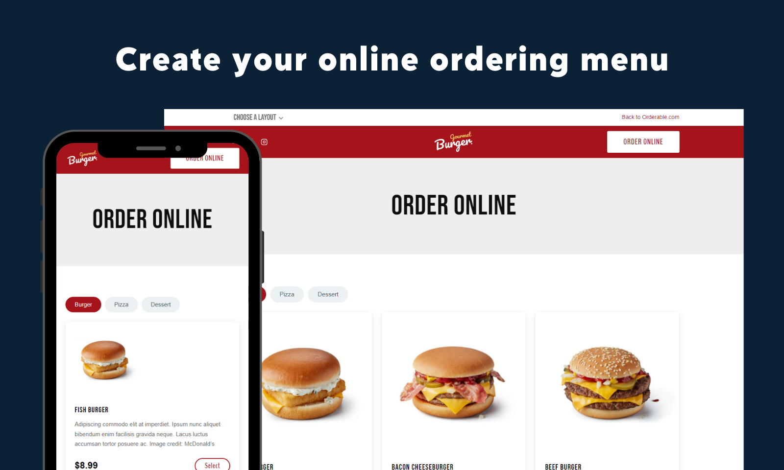 Orderable online ordering menu