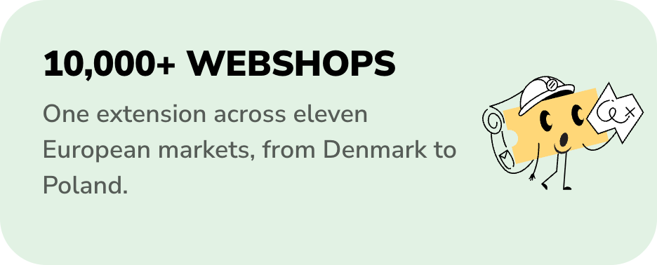 10,000+ webshops – one extension across eleven European markets, from Denmark to Poland.