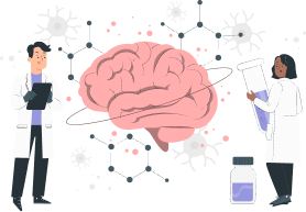 An illustration of two scientists and a brain