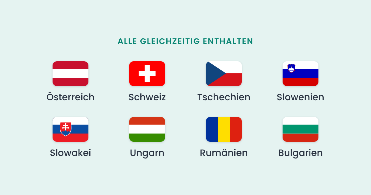 Österreich, Schweiz, Tschechien, Slowenien, Slowakei, Ungarn, Rumänien und Bulgarien