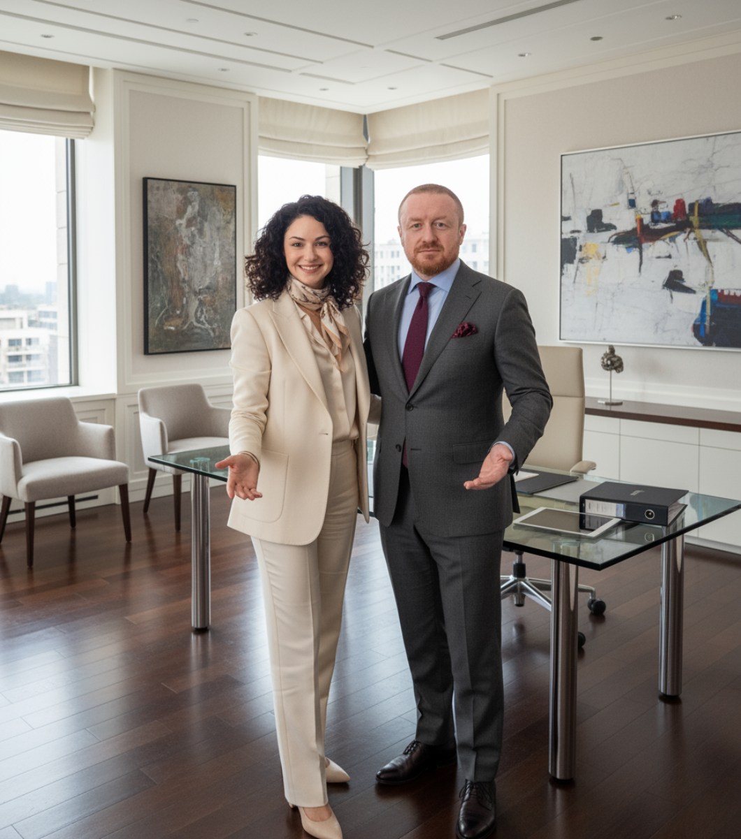 Porträt der Gründer von Kadima Design in einem eleganten Büro - eine Frau in beigem Anzug und ein Mann im grauen Anzug stehen vor einem modernen Schreibtisch mit Glasplatte, umgeben von zeitgenössischer Kunst und Designermöbeln