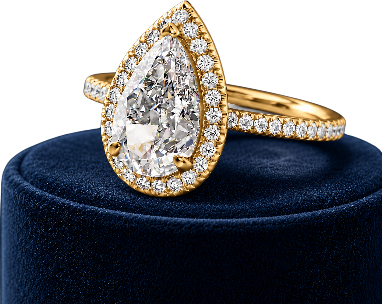 Pear-shaped halo diamond engagement ring in yellow gold