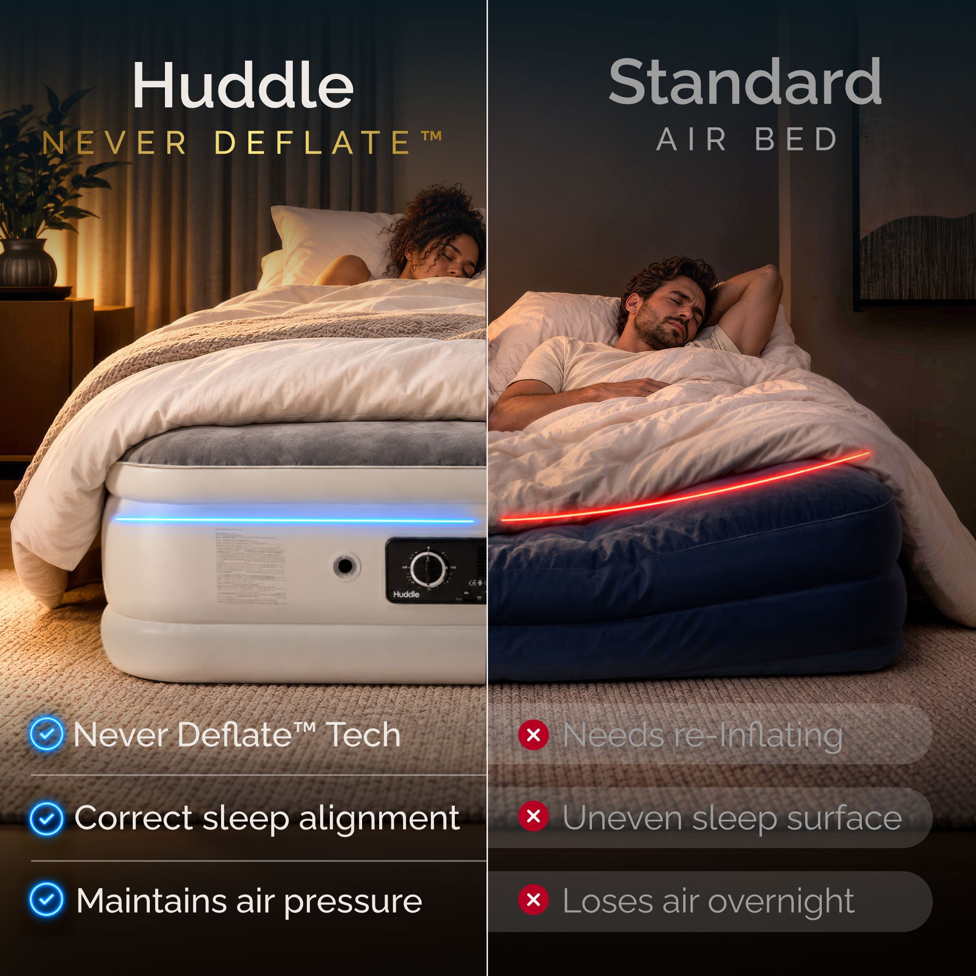 Huddle Living premium Never Deflate air bed with patented dual-pump technology