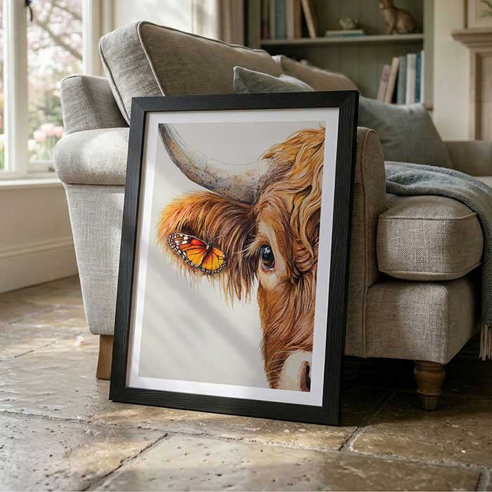 British wall art prints by Happy Art Prints, including Highland cow, robin and nature designs