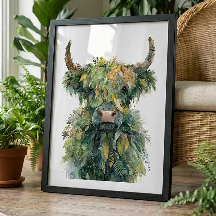 Highland cow wall art print with leaves