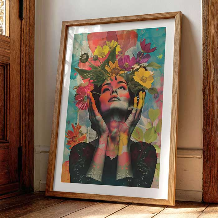 Framed bird print leaning in a sage green British kitchen