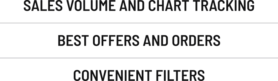 Sales volume and chart tracking — best offers and orders — convenient filters